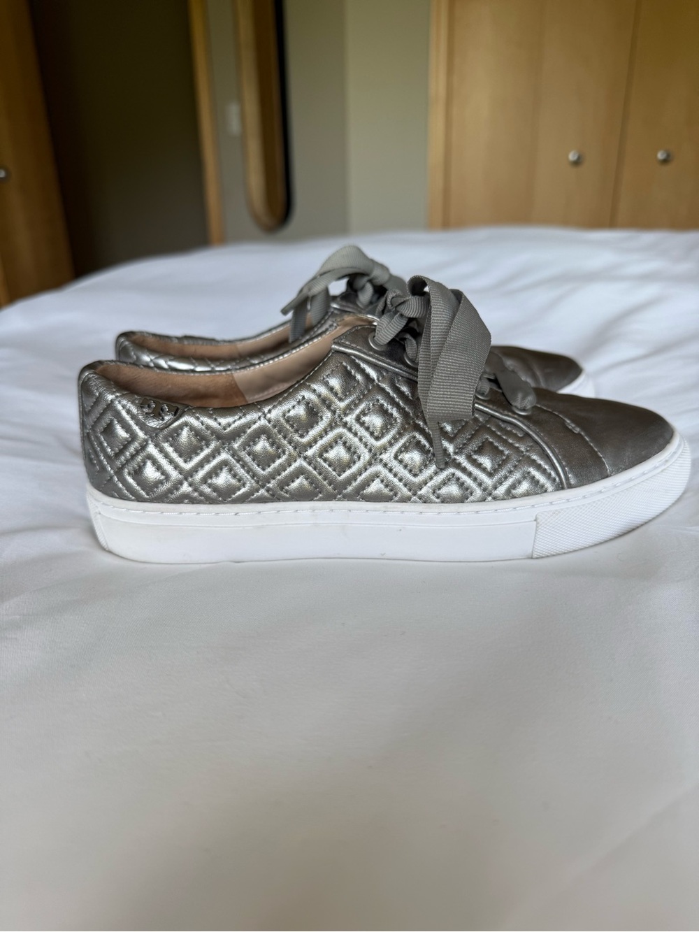 Tory Burch Quilted Metallic Silver Low-Top Sneakers